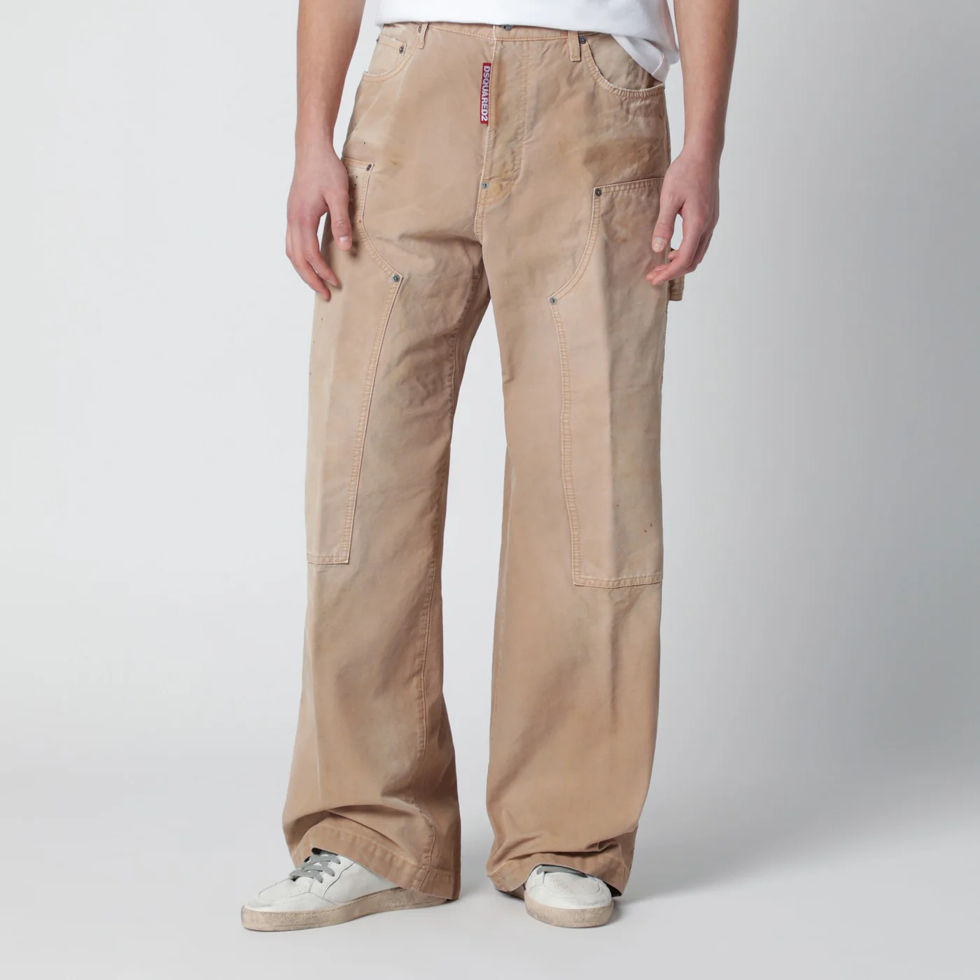 Dsquared2 Vintage-effect beige baggy carpenter jeans