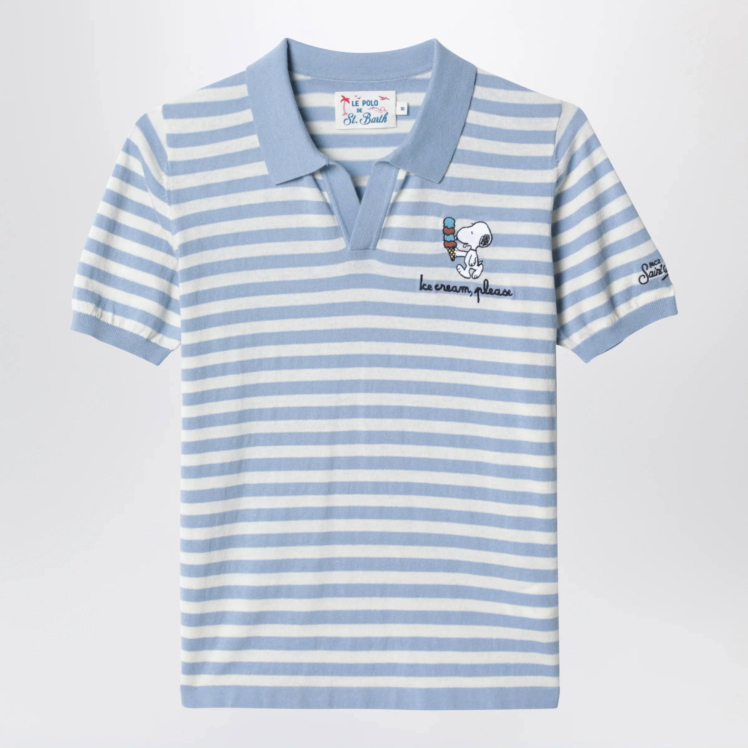 MC2 Saint Barth White/light blue striped polo shirt with Snoopy embroidery
