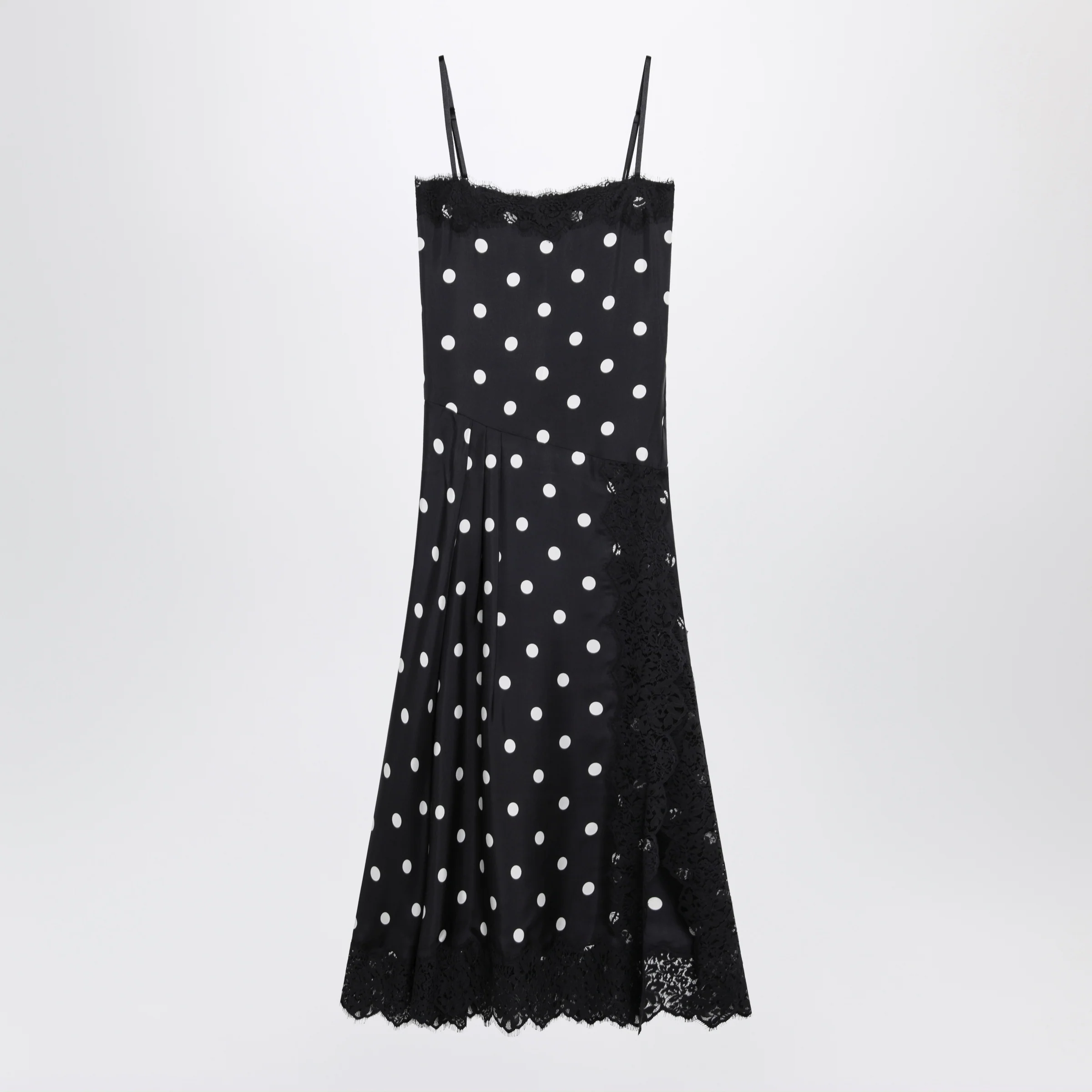 Sportmax Long polka-dot silk dress with lace in black