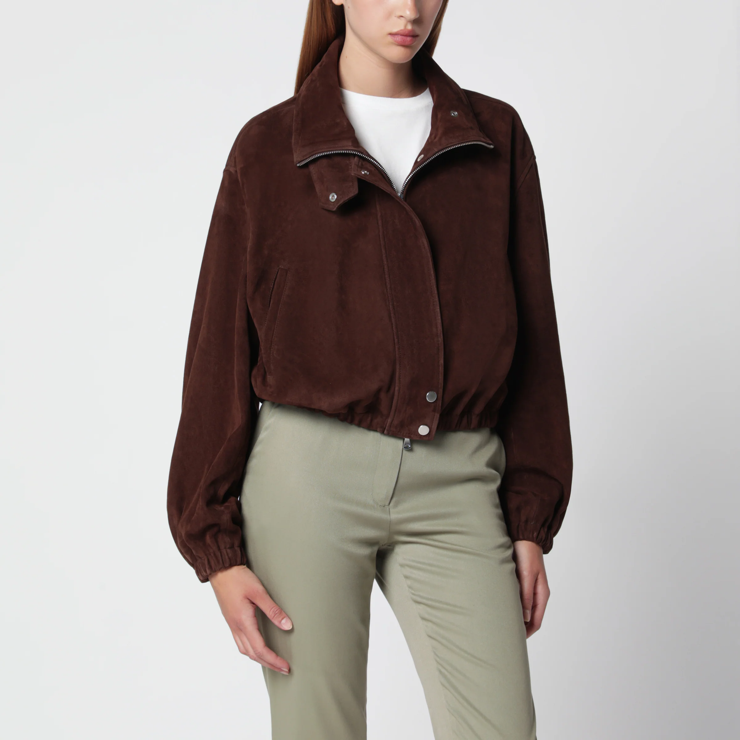 Nour Hammour Pia bomber jacket in Acajou brown suede leather