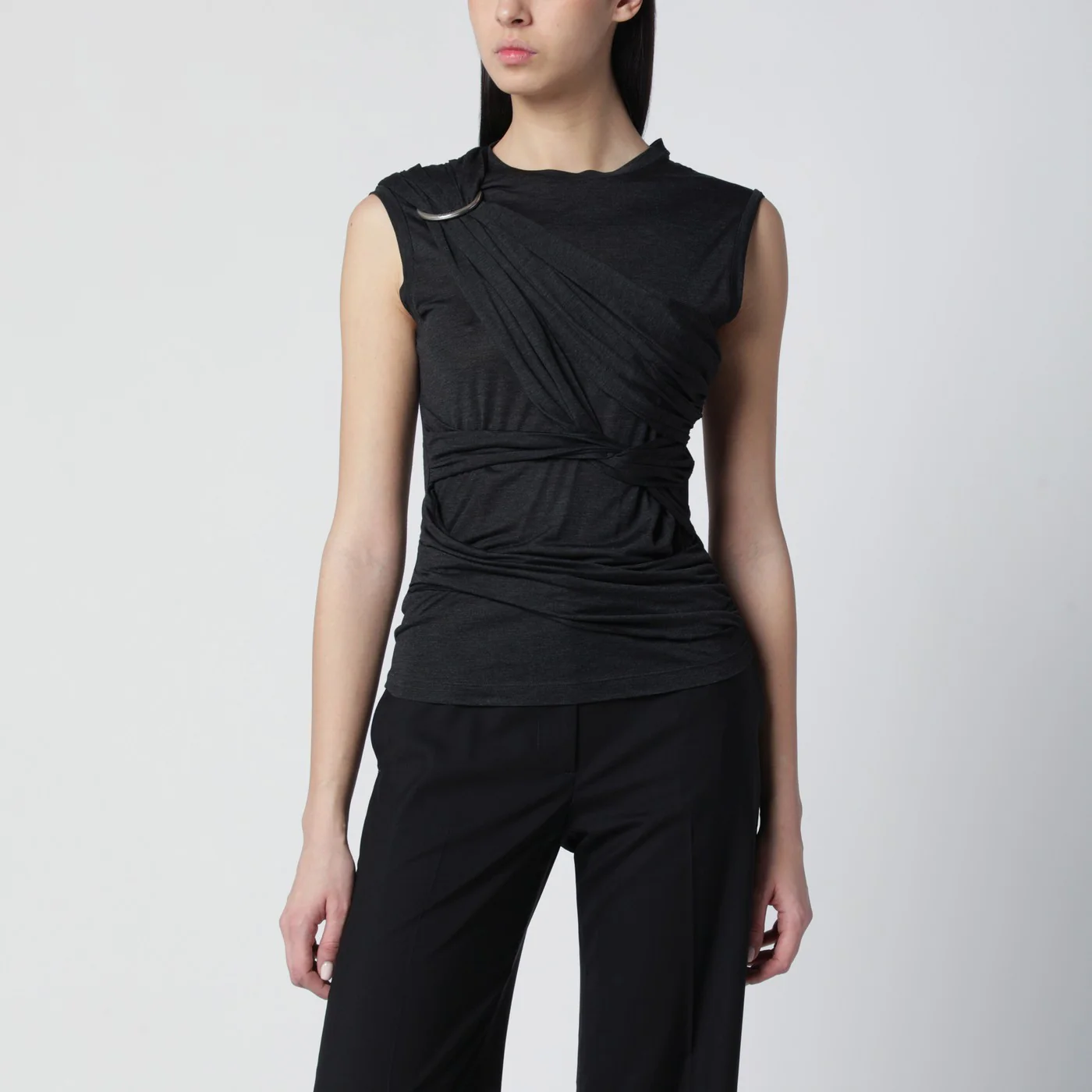Durazzi Milano Black mélange tank top with braided details