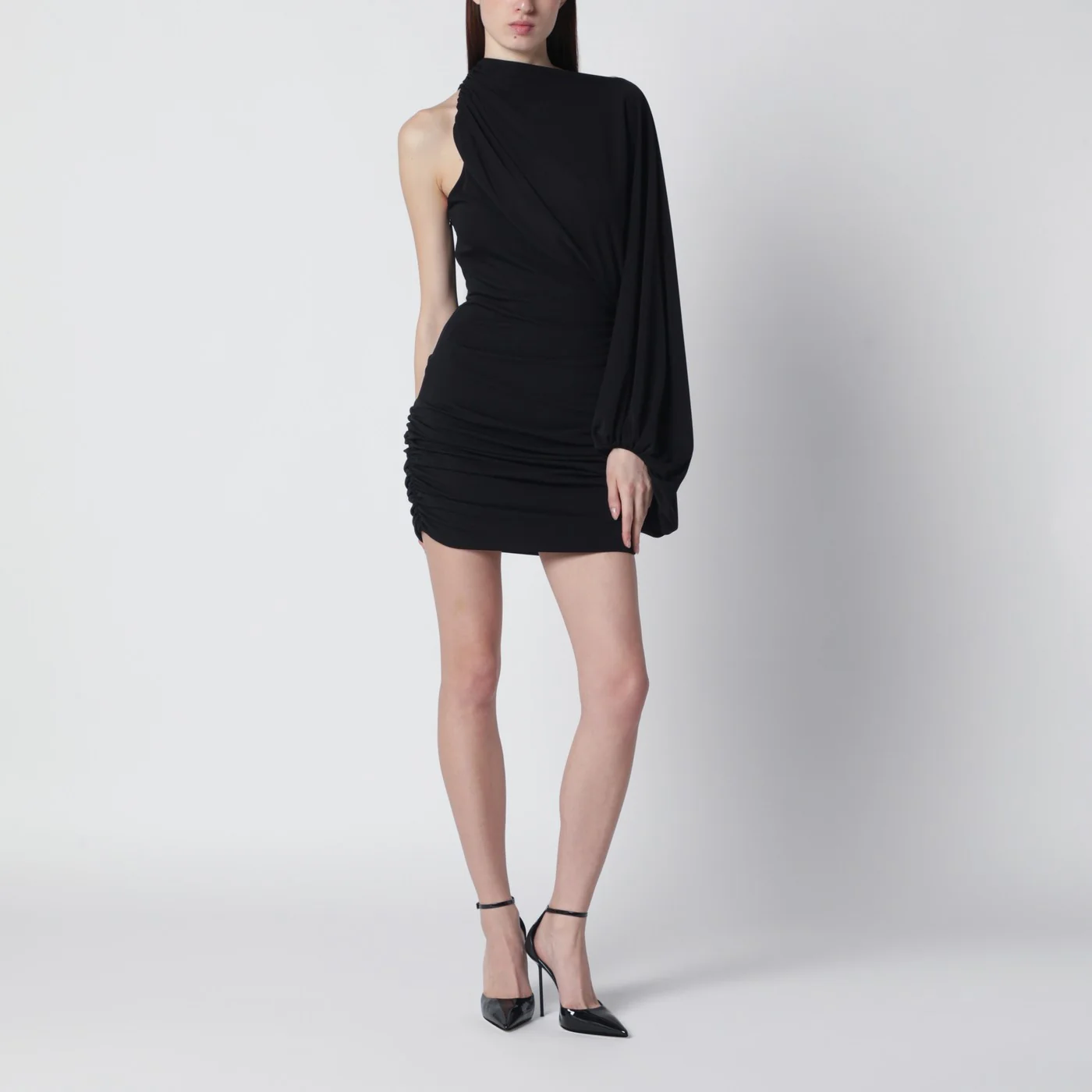 THE ANDAMANE Black one-shoulder mini dress