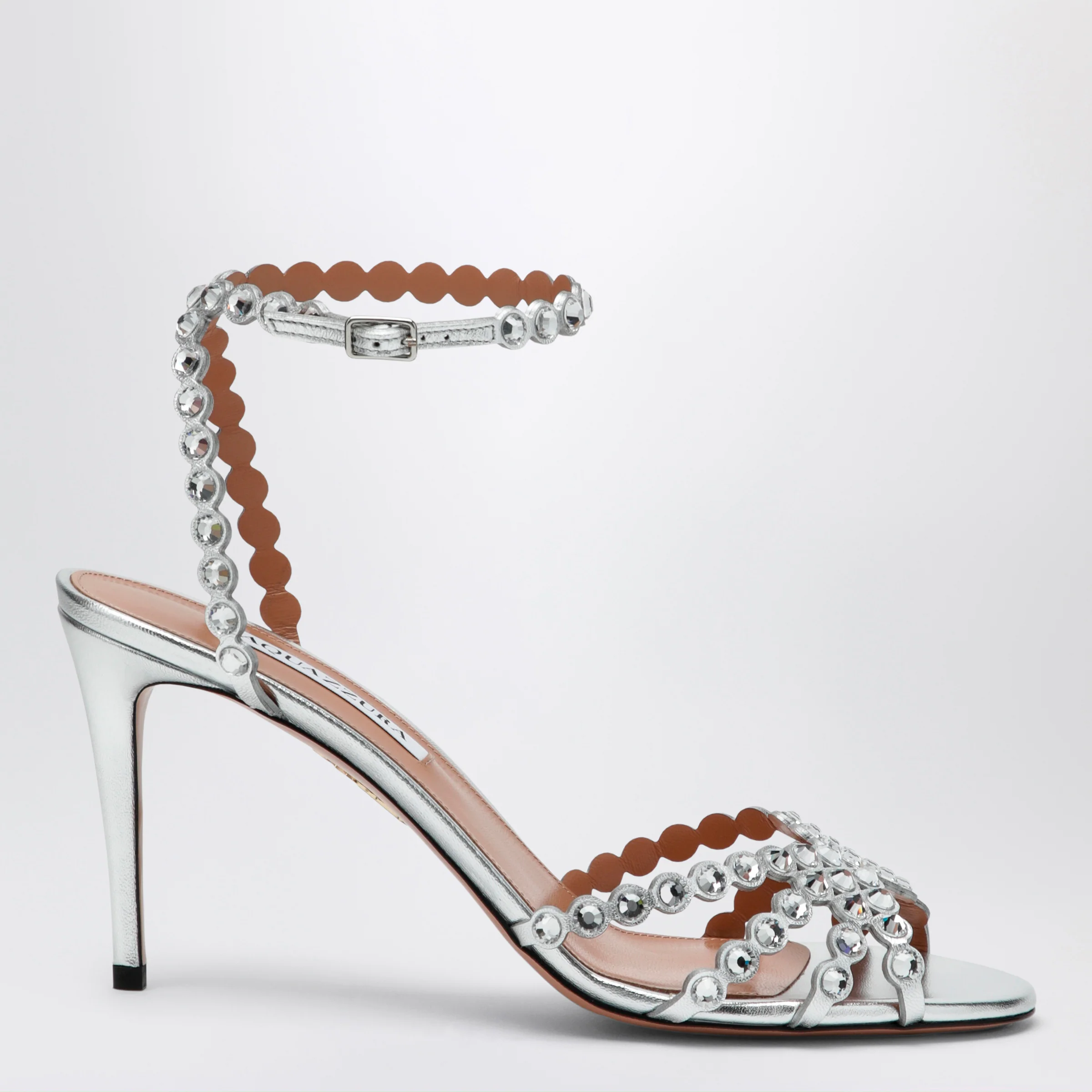 Aquazzura Tequila silver sandals in metallic leather with crystals