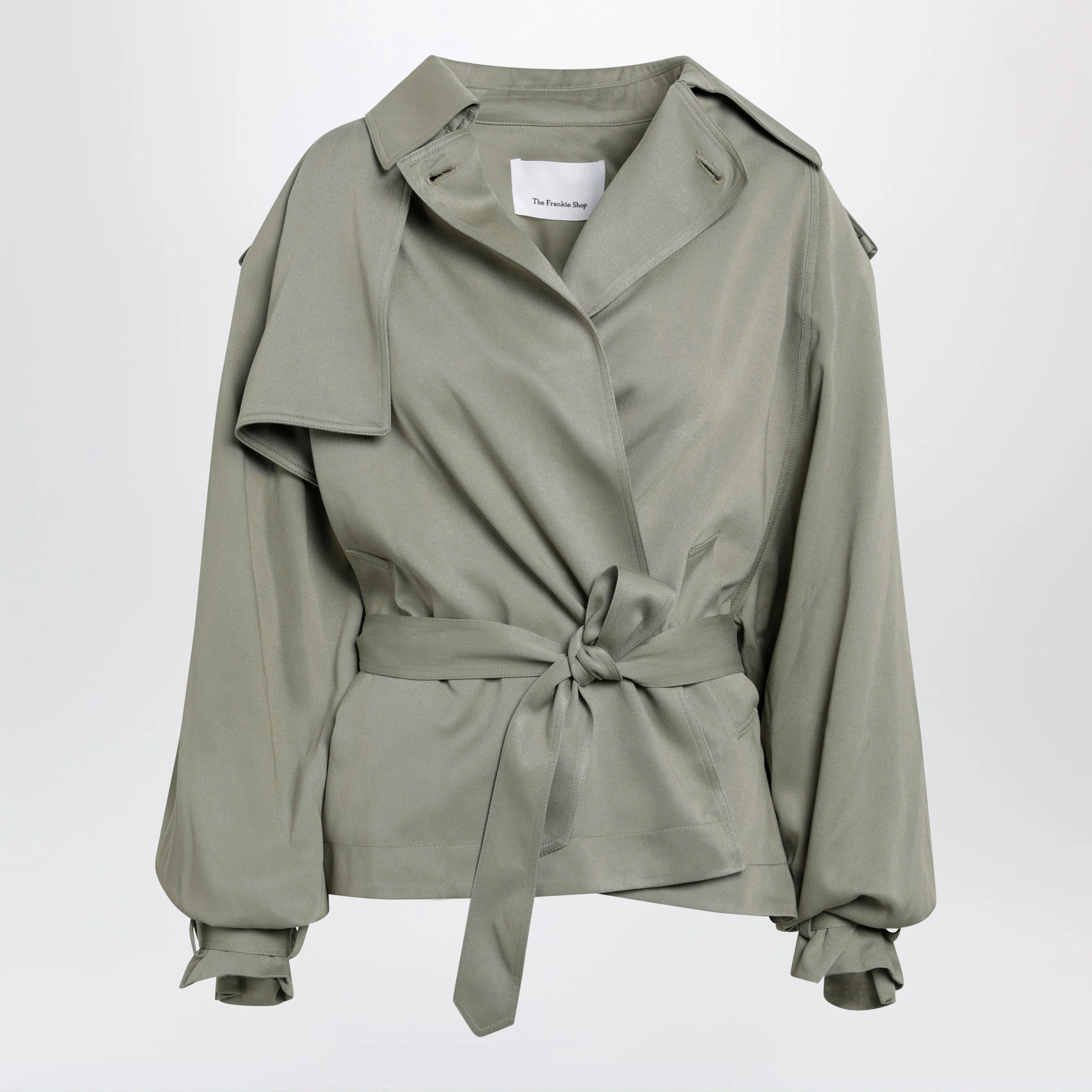 The Frankie Shop Elva short fluid trench coat in sage green viscose