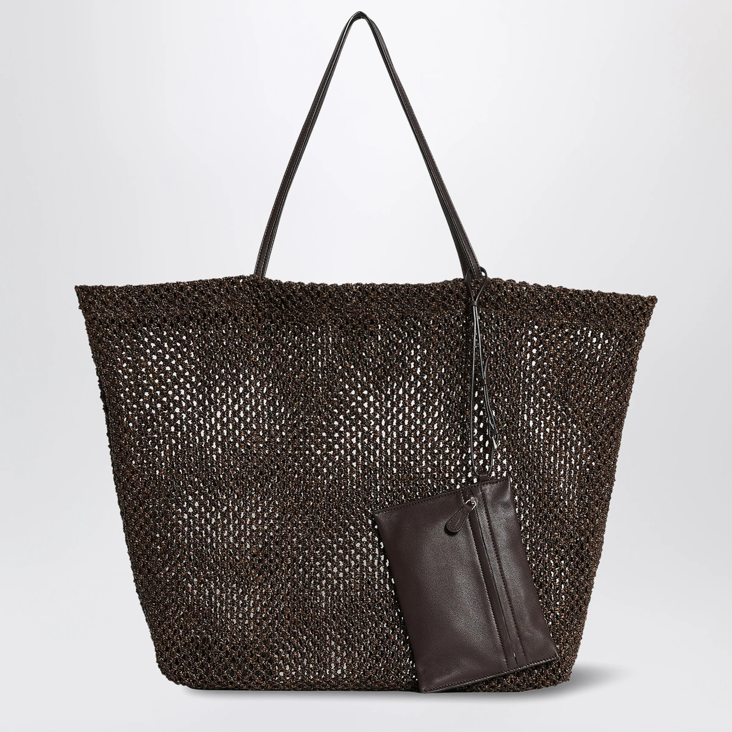 The Row Geometric crochet nylon tote bag in dark brown