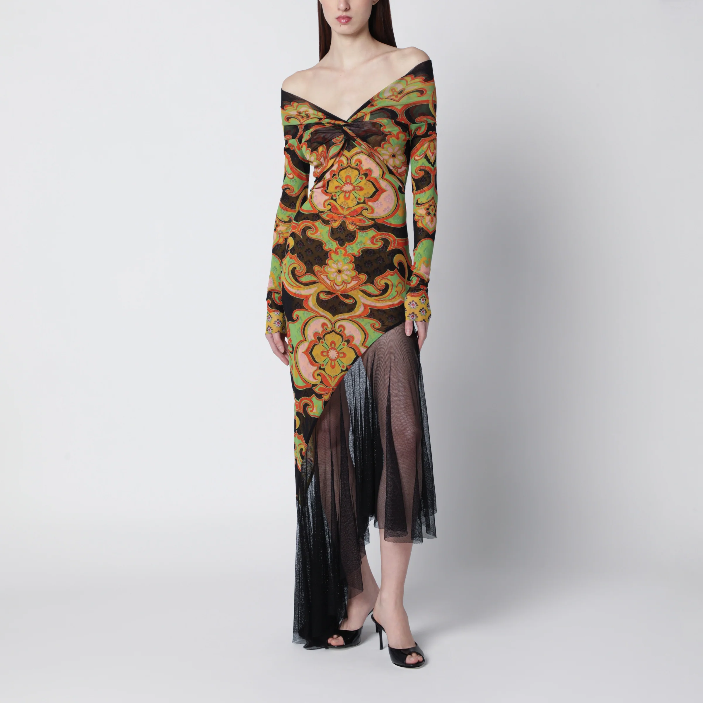 ETRO Asymmetrical midi dress in stretch tulle with traditional floral print